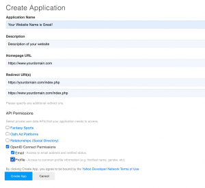 Yahoo App - Create Application